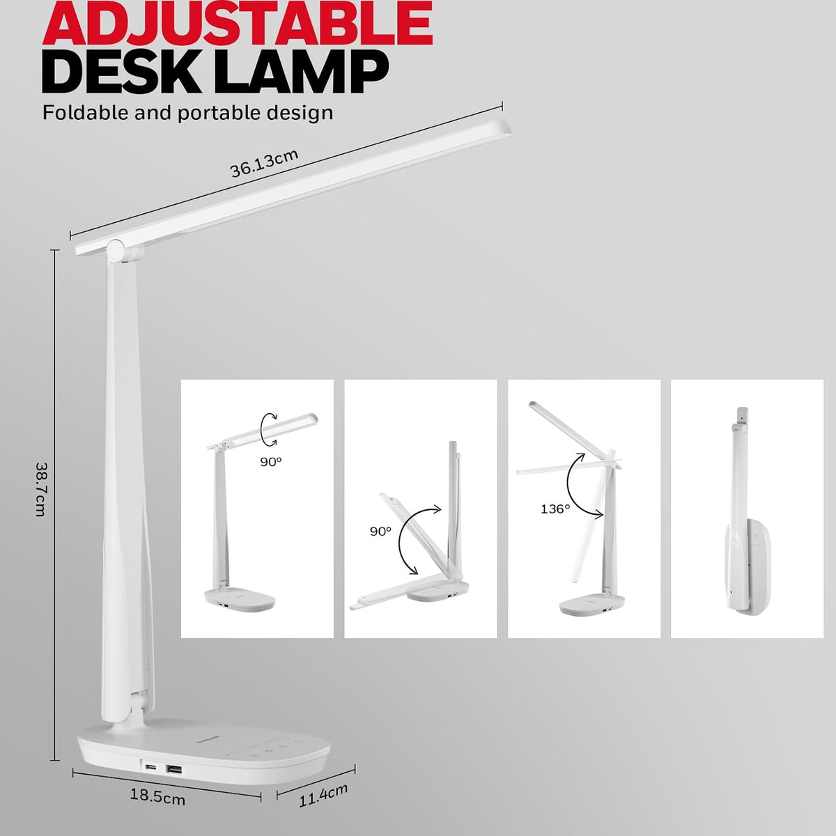 Honeywell HWT-H2 LED Desk Lamp, Eye-Caring Full Spectrum, USB Charging