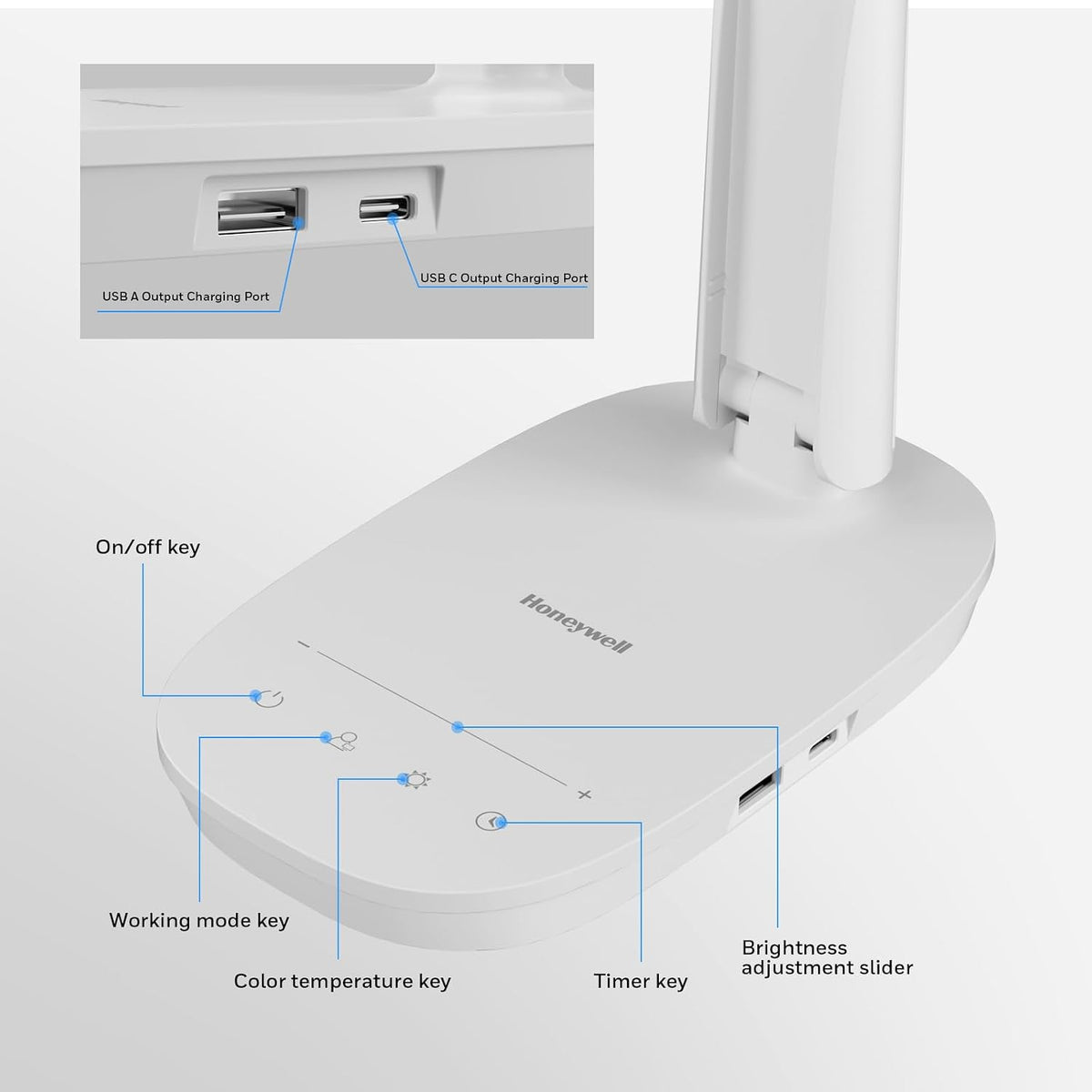 Honeywell HWT-H2 LED Desk Lamp, Eye-Caring Full Spectrum, USB Charging