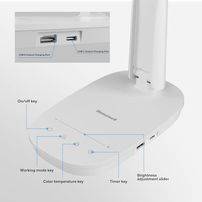 Honeywell HWT-H2 LED Desk Lamp, Eye-Caring Full Spectrum, USB Charging