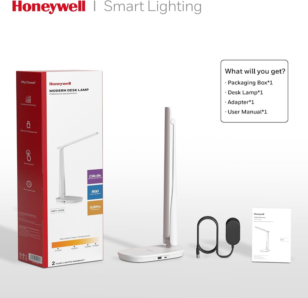 Honeywell HWT-H2 LED Desk Lamp, Eye-Caring Full Spectrum, USB Charging