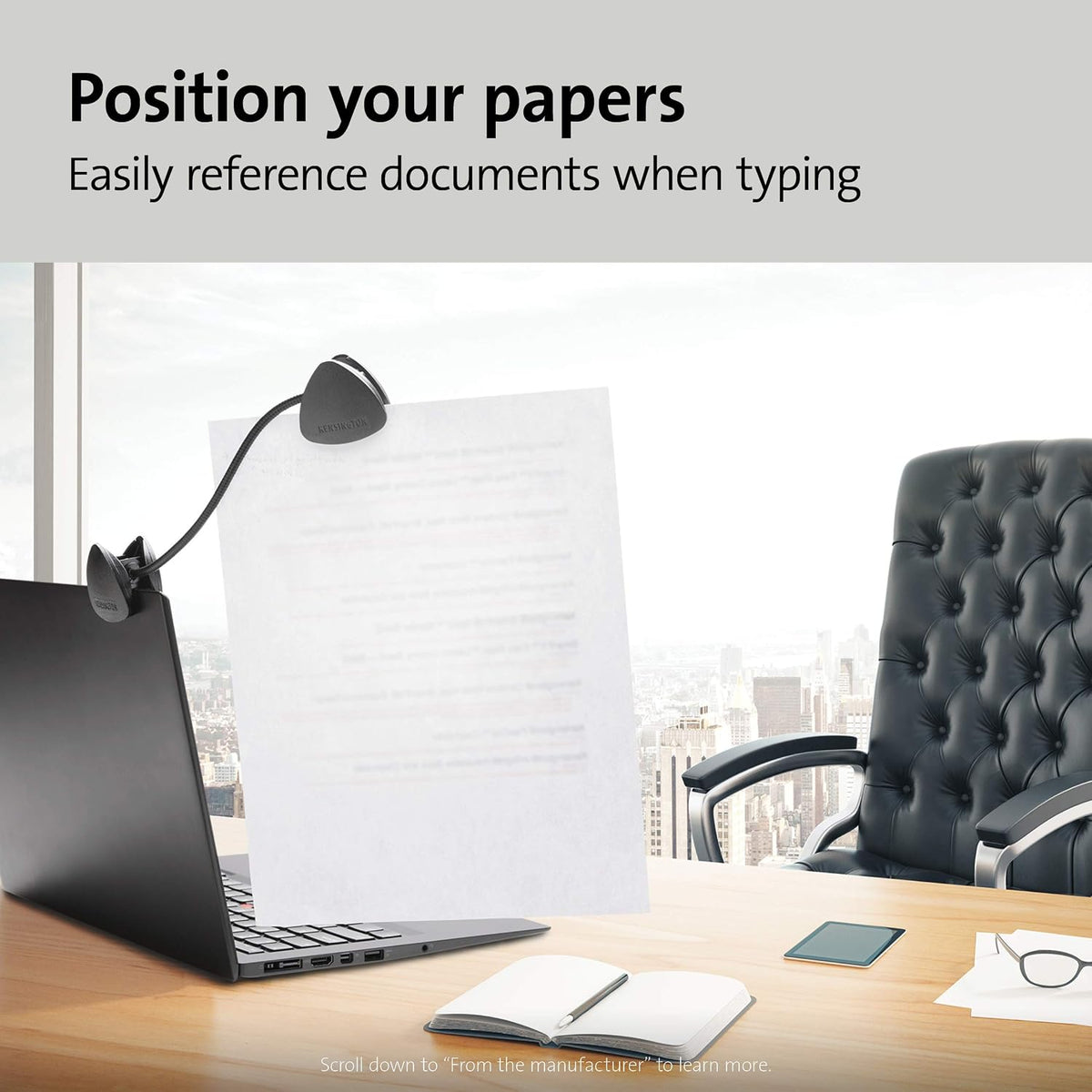 Document Holder for Typing for Laptops and Monitors, Flex Clip Copyholder, Typing Stand Document Holder, Office Paper Clip Holder, Compact Paper Holder Stand, Black 9-3/4" Wide K62081BF