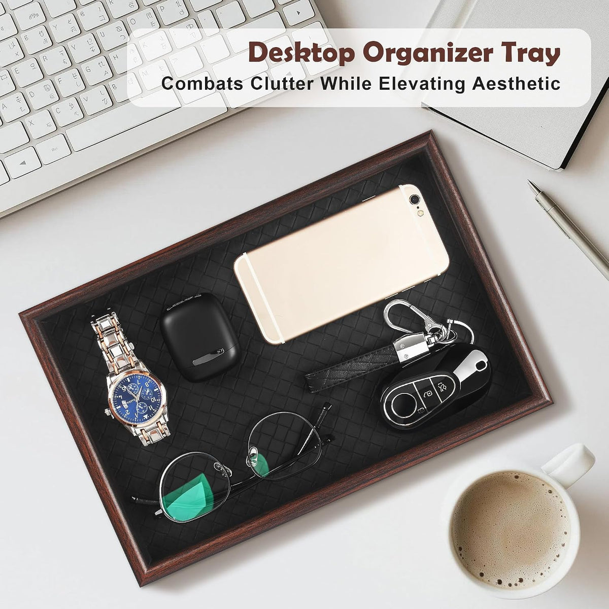 Wooden Valet Tray with Leather Base - Nightstand Catchall Organizer for Cologne, Perfume, Keys, Wallet, Phone, Watch, Jewelry & Sunglasses (Black)