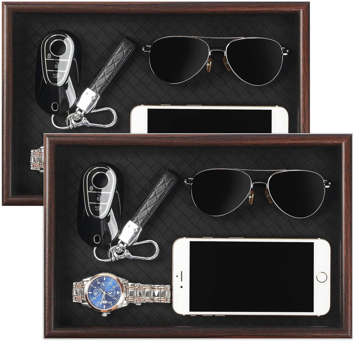 Wooden Valet Tray with Leather Base - Nightstand Catchall Organizer for Cologne, Perfume, Keys, Wallet, Phone, Watch, Jewelry & Sunglasses (Black)