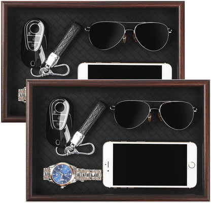 Wooden Valet Tray with Leather Base - Nightstand Catchall Organizer for Cologne, Perfume, Keys, Wallet, Phone, Watch, Jewelry & Sunglasses (Black)