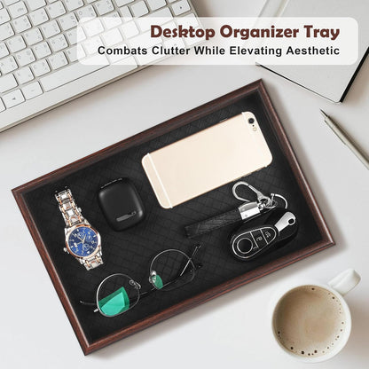 Wooden Valet Tray with Leather Base - Nightstand Catchall Organizer for Cologne, Perfume, Keys, Wallet, Phone, Watch, Jewelry & Sunglasses (Black)