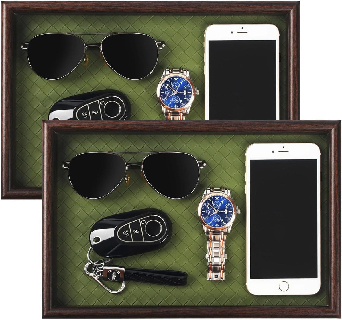 Wooden Valet Tray with Leather Base - Nightstand Catchall Organizer for Cologne, Perfume, Keys, Wallet, Phone, Watch, Jewelry & Sunglasses (Black)