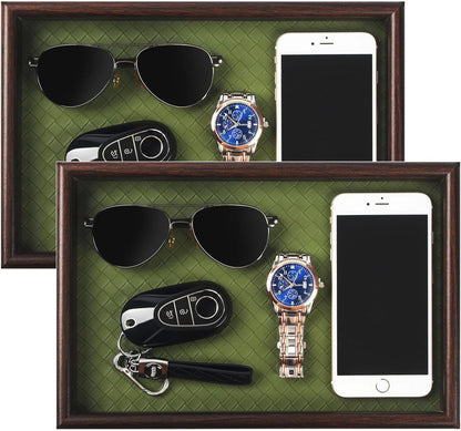 Wooden Valet Tray with Leather Base - Nightstand Catchall Organizer for Cologne, Perfume, Keys, Wallet, Phone, Watch, Jewelry & Sunglasses (Black)