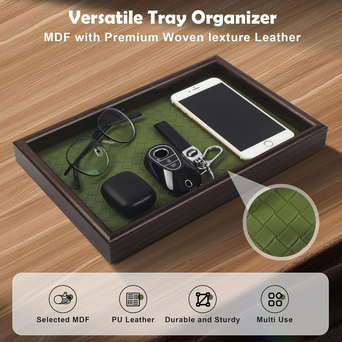 Wooden Valet Tray with Leather Base - Nightstand Catchall Organizer for Cologne, Perfume, Keys, Wallet, Phone, Watch, Jewelry & Sunglasses (Black)
