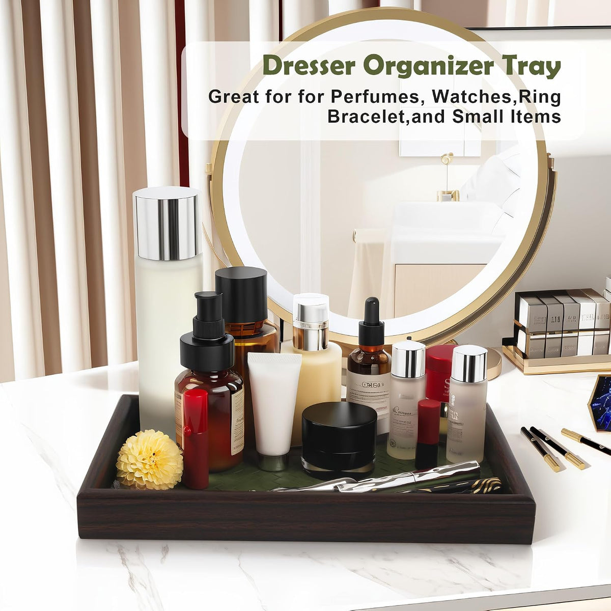 Wooden Valet Tray with Leather Base - Nightstand Catchall Organizer for Cologne, Perfume, Keys, Wallet, Phone, Watch, Jewelry & Sunglasses (Black)