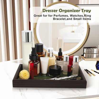 Wooden Valet Tray with Leather Base - Nightstand Catchall Organizer for Cologne, Perfume, Keys, Wallet, Phone, Watch, Jewelry & Sunglasses (Black)