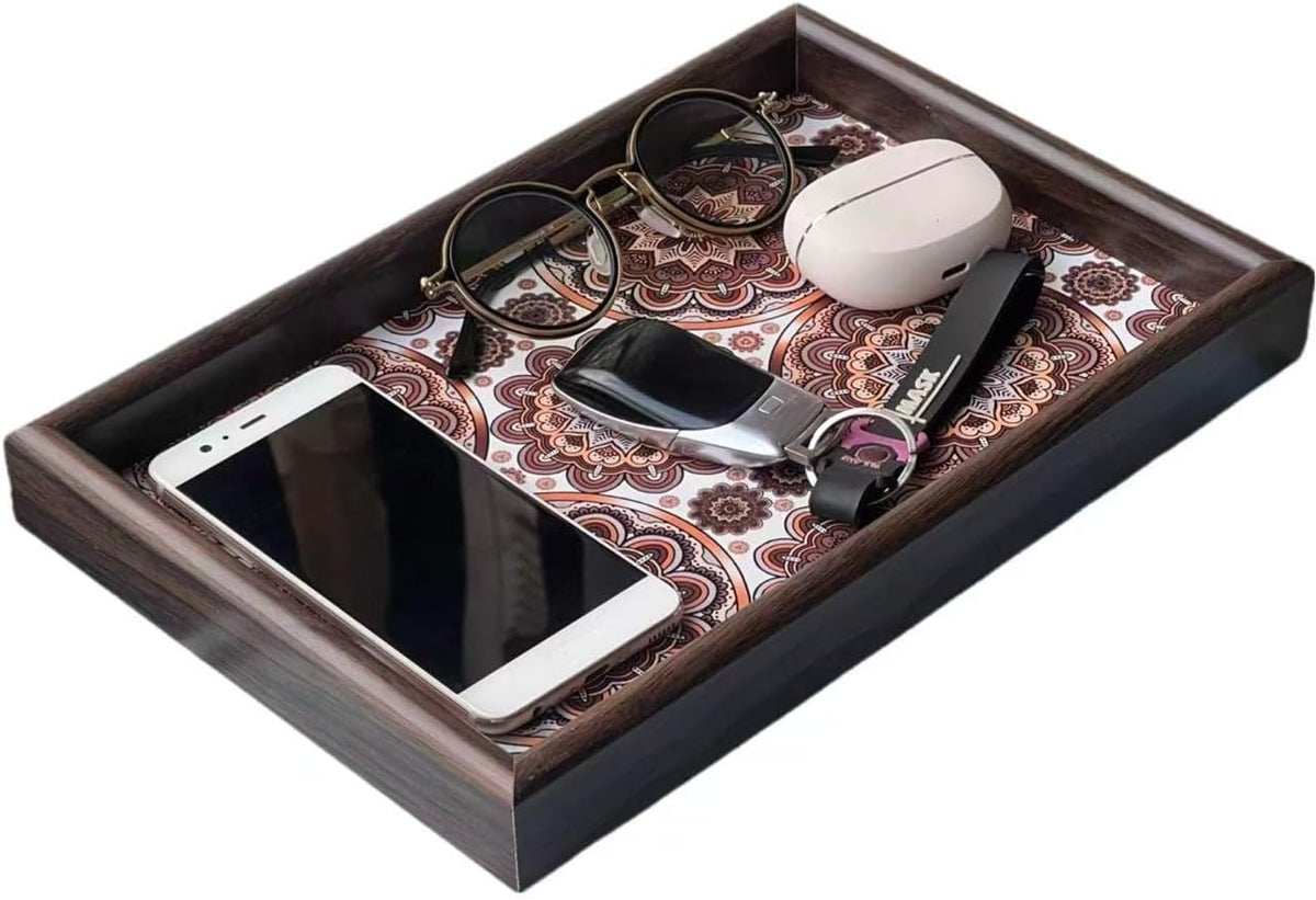 Wooden Valet Tray with Leather Base - Nightstand Catchall Organizer for Cologne, Perfume, Keys, Wallet, Phone, Watch, Jewelry & Sunglasses (Black)