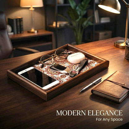 Wooden Valet Tray with Leather Base - Nightstand Catchall Organizer for Cologne, Perfume, Keys, Wallet, Phone, Watch, Jewelry & Sunglasses (Black)