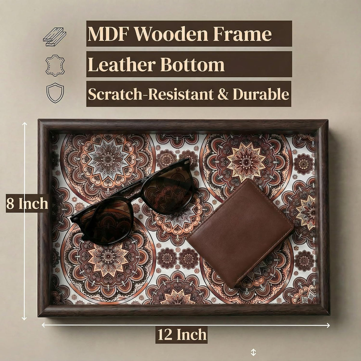 Wooden Valet Tray with Leather Base - Nightstand Catchall Organizer for Cologne, Perfume, Keys, Wallet, Phone, Watch, Jewelry & Sunglasses (Black)