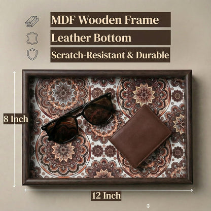 Wooden Valet Tray with Leather Base - Nightstand Catchall Organizer for Cologne, Perfume, Keys, Wallet, Phone, Watch, Jewelry & Sunglasses (Black)