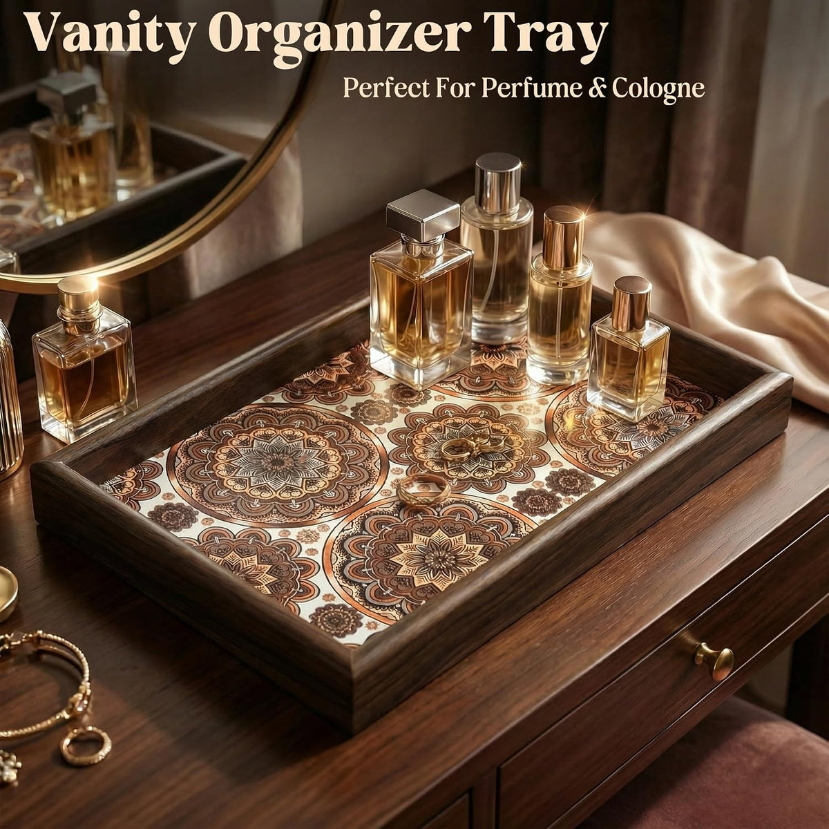 Wooden Valet Tray with Leather Base - Nightstand Catchall Organizer for Cologne, Perfume, Keys, Wallet, Phone, Watch, Jewelry & Sunglasses (Black)