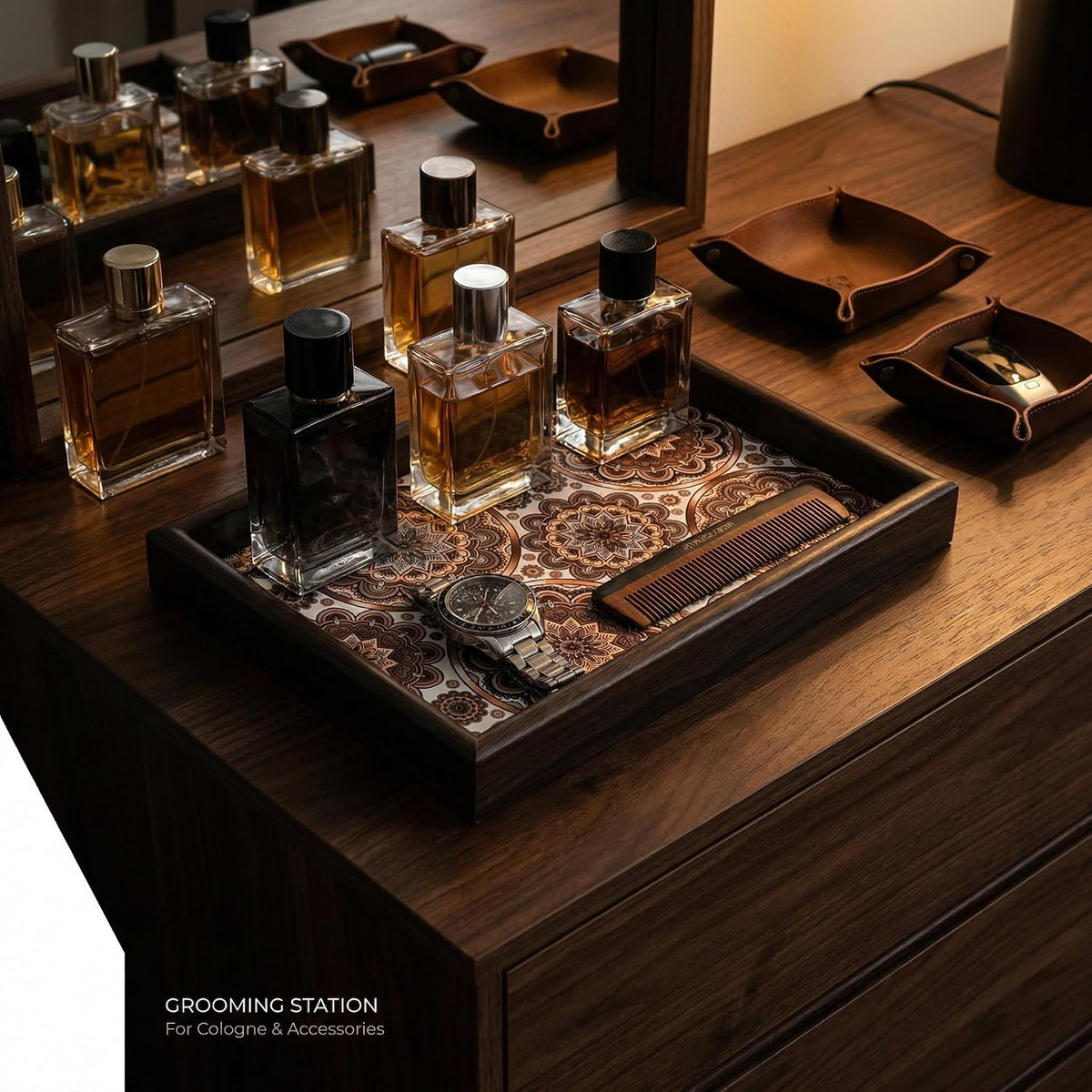 Wooden Valet Tray with Leather Base - Nightstand Catchall Organizer for Cologne, Perfume, Keys, Wallet, Phone, Watch, Jewelry & Sunglasses (Black)