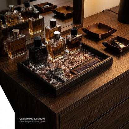 Wooden Valet Tray with Leather Base - Nightstand Catchall Organizer for Cologne, Perfume, Keys, Wallet, Phone, Watch, Jewelry & Sunglasses (Black)