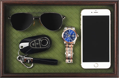 Wooden Valet Tray with Leather Base - Nightstand Catchall Organizer for Cologne, Perfume, Keys, Wallet, Phone, Watch, Jewelry & Sunglasses (Black)