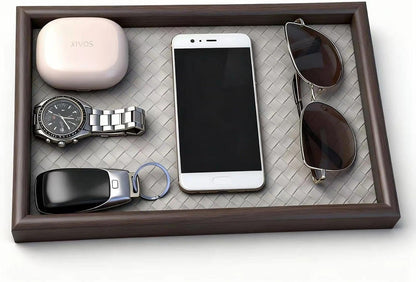 Wooden Valet Tray with Leather Base - Nightstand Catchall Organizer for Cologne, Perfume, Keys, Wallet, Phone, Watch, Jewelry & Sunglasses (Black)