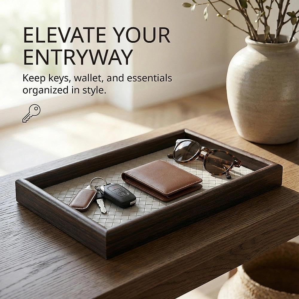 Wooden Valet Tray with Leather Base - Nightstand Catchall Organizer for Cologne, Perfume, Keys, Wallet, Phone, Watch, Jewelry & Sunglasses (Black)