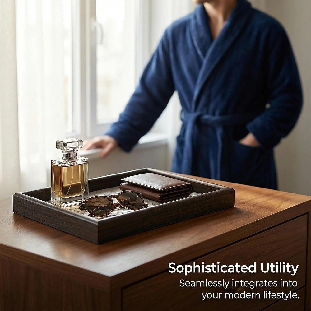 Wooden Valet Tray with Leather Base - Nightstand Catchall Organizer for Cologne, Perfume, Keys, Wallet, Phone, Watch, Jewelry & Sunglasses (Black)