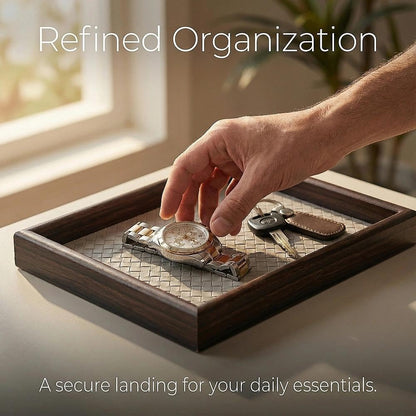 Wooden Valet Tray with Leather Base - Nightstand Catchall Organizer for Cologne, Perfume, Keys, Wallet, Phone, Watch, Jewelry & Sunglasses (Black)