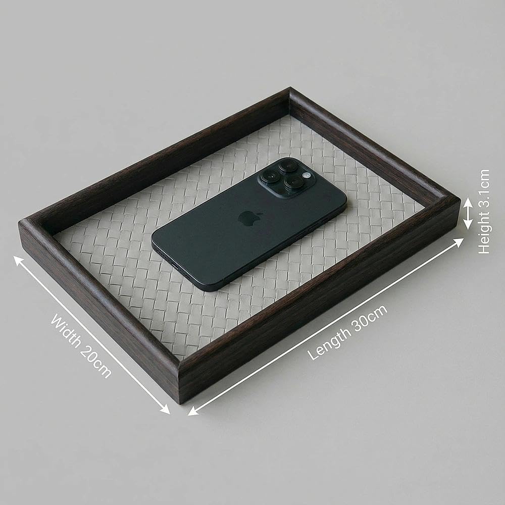 Wooden Valet Tray with Leather Base - Nightstand Catchall Organizer for Cologne, Perfume, Keys, Wallet, Phone, Watch, Jewelry & Sunglasses (Black)