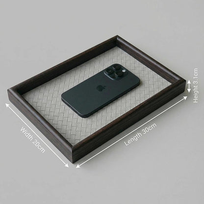 Wooden Valet Tray with Leather Base - Nightstand Catchall Organizer for Cologne, Perfume, Keys, Wallet, Phone, Watch, Jewelry & Sunglasses (Black)