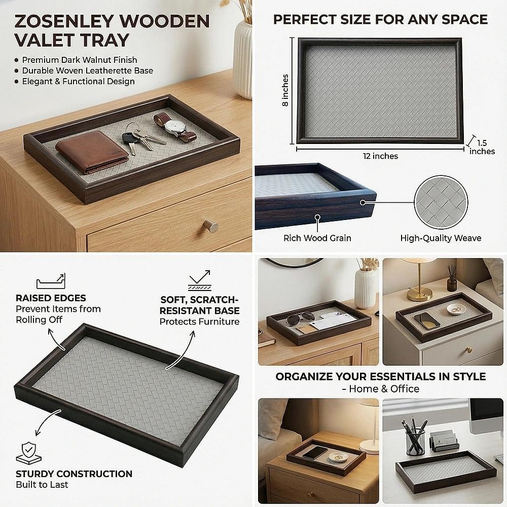 Wooden Valet Tray with Leather Base - Nightstand Catchall Organizer for Cologne, Perfume, Keys, Wallet, Phone, Watch, Jewelry & Sunglasses (Black)