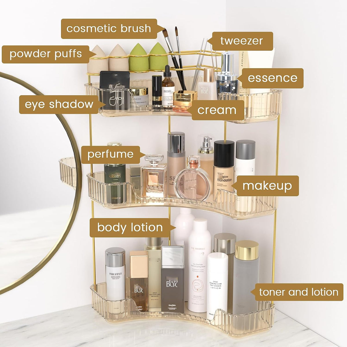 Makeup Organizer 3-Tier Bathroom Counter Organizer with Makeup Brush Holder