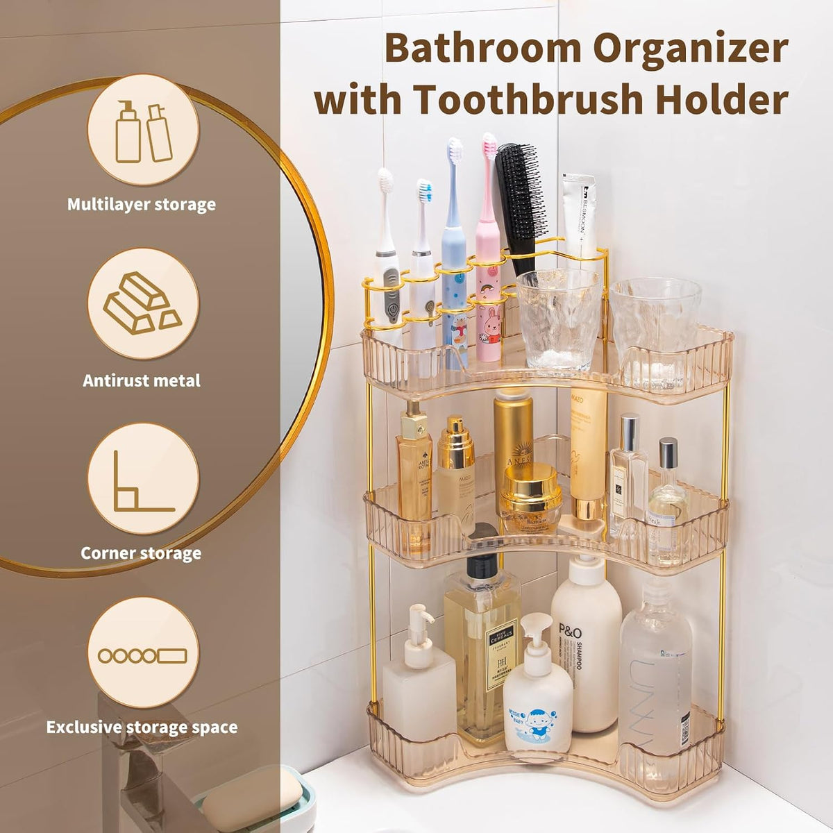 Makeup Organizer 3-Tier Bathroom Counter Organizer with Makeup Brush Holder