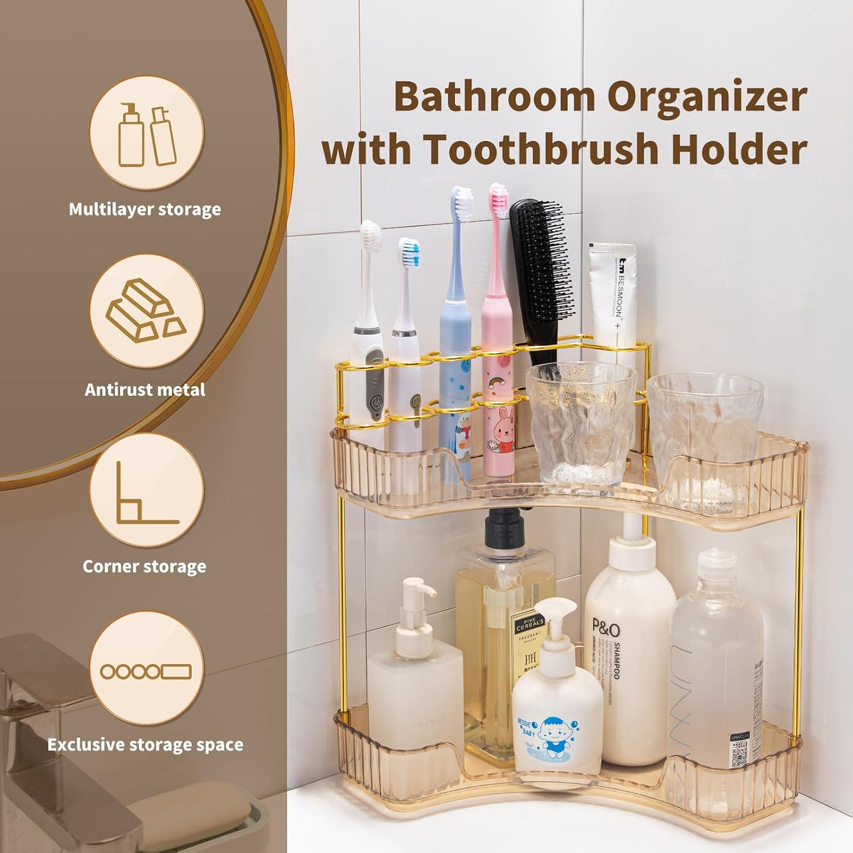 Makeup Organizer 3-Tier Bathroom Counter Organizer with Makeup Brush Holder