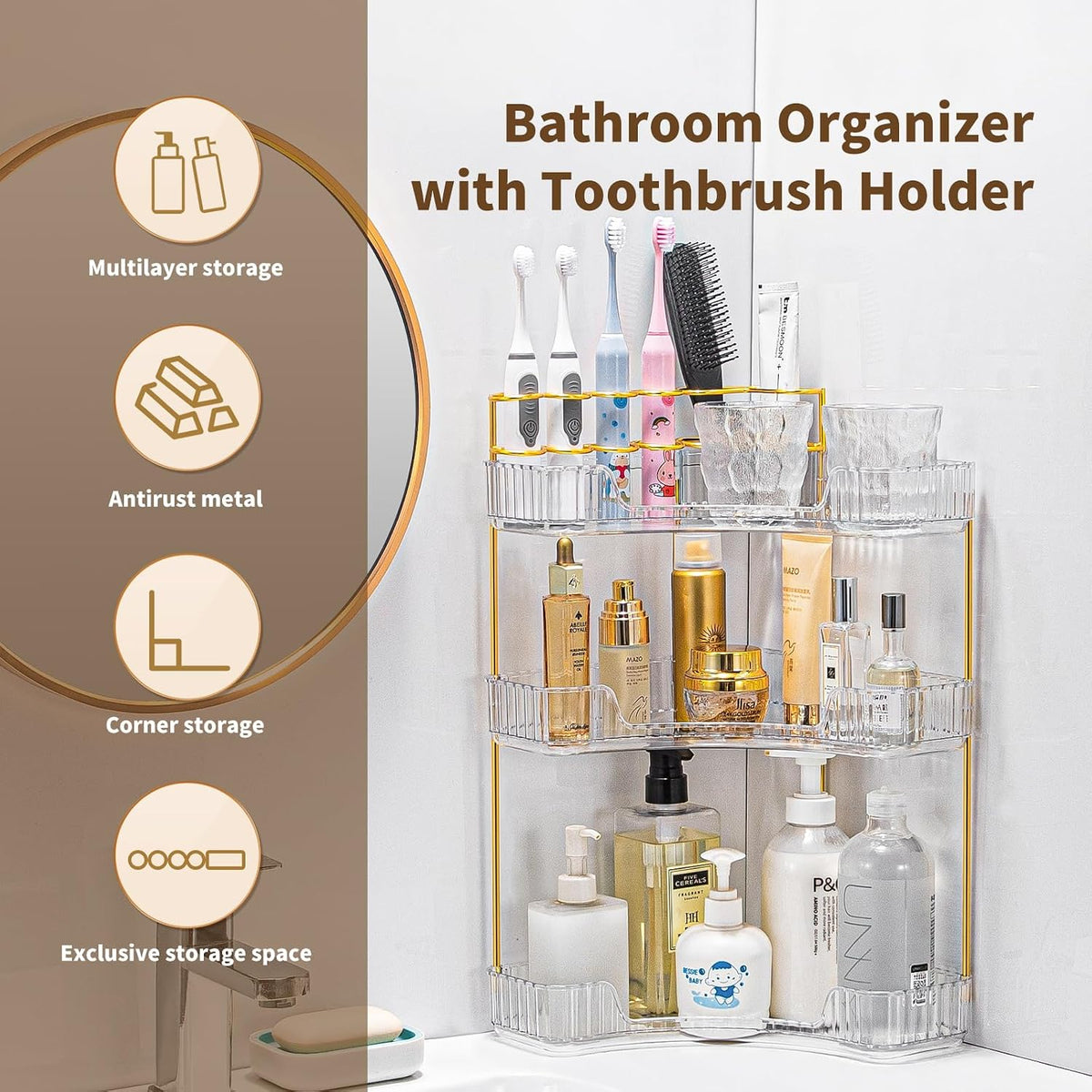 Makeup Organizer 3-Tier Bathroom Counter Organizer with Makeup Brush Holder