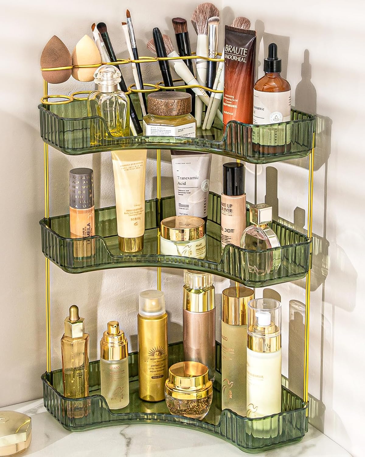 Makeup Organizer 3-Tier Bathroom Counter Organizer with Makeup Brush Holder