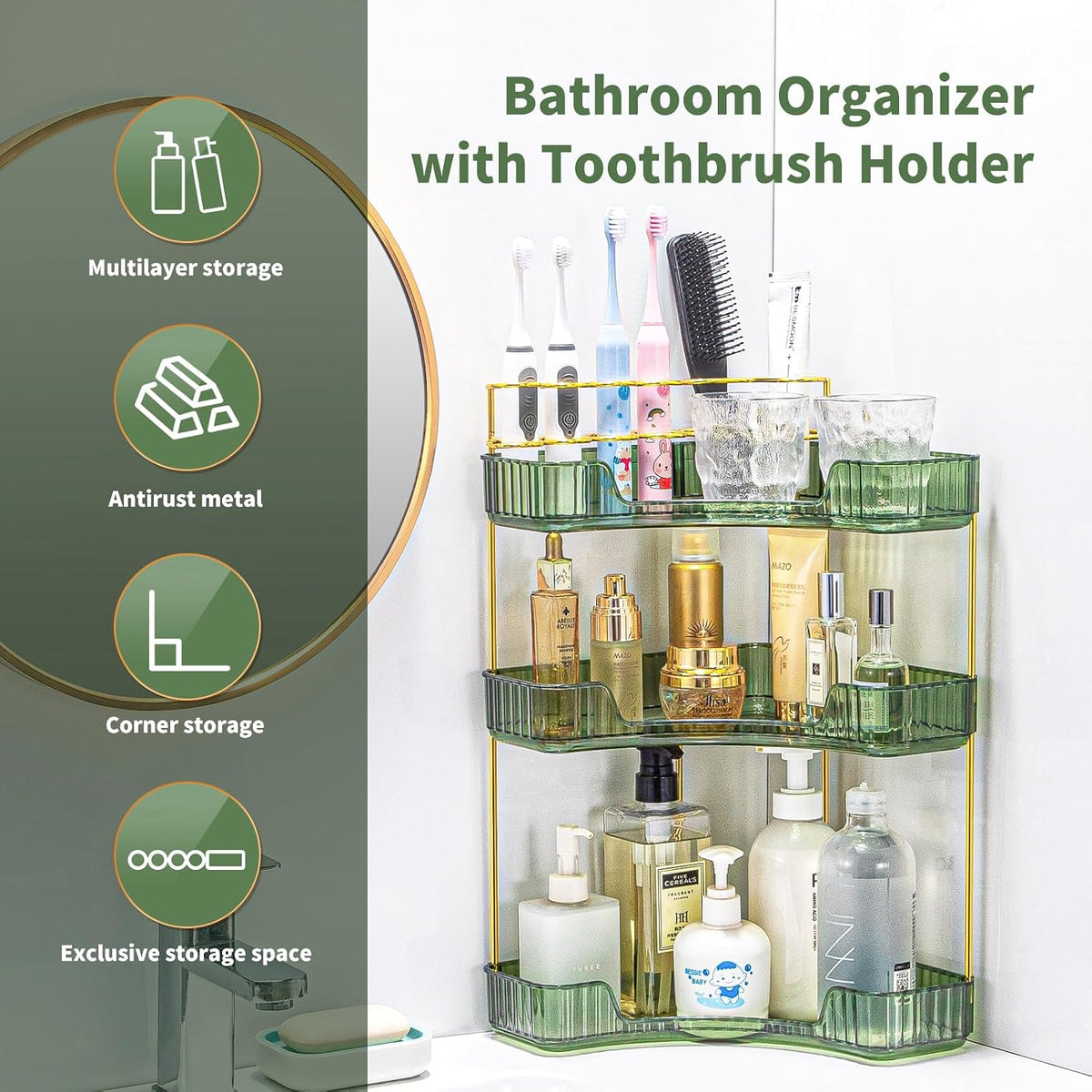 Makeup Organizer 3-Tier Bathroom Counter Organizer with Makeup Brush Holder