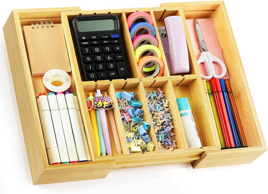 Bamboo Desk Drawer Organizer, Expandable Drawer Organizer Tray