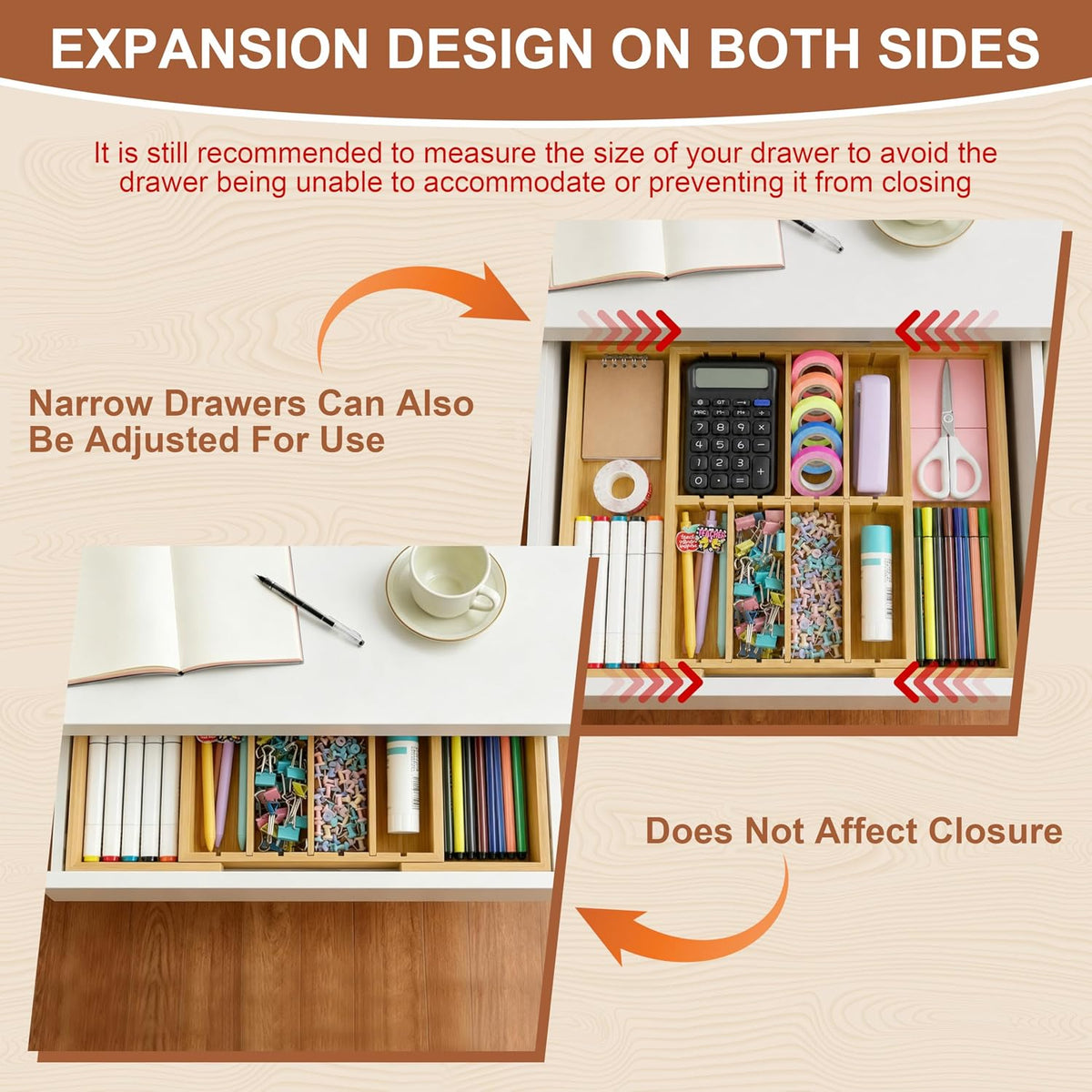 Bamboo Desk Drawer Organizer, Expandable Drawer Organizer Tray