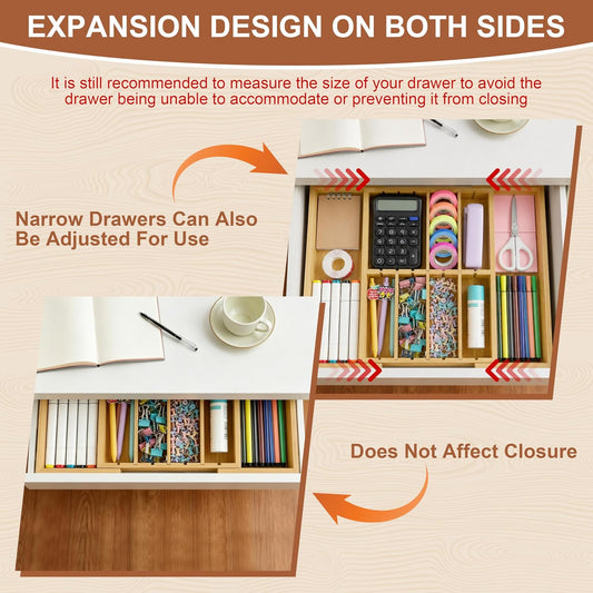 Bamboo Desk Drawer Organizer, Expandable Drawer Organizer Tray