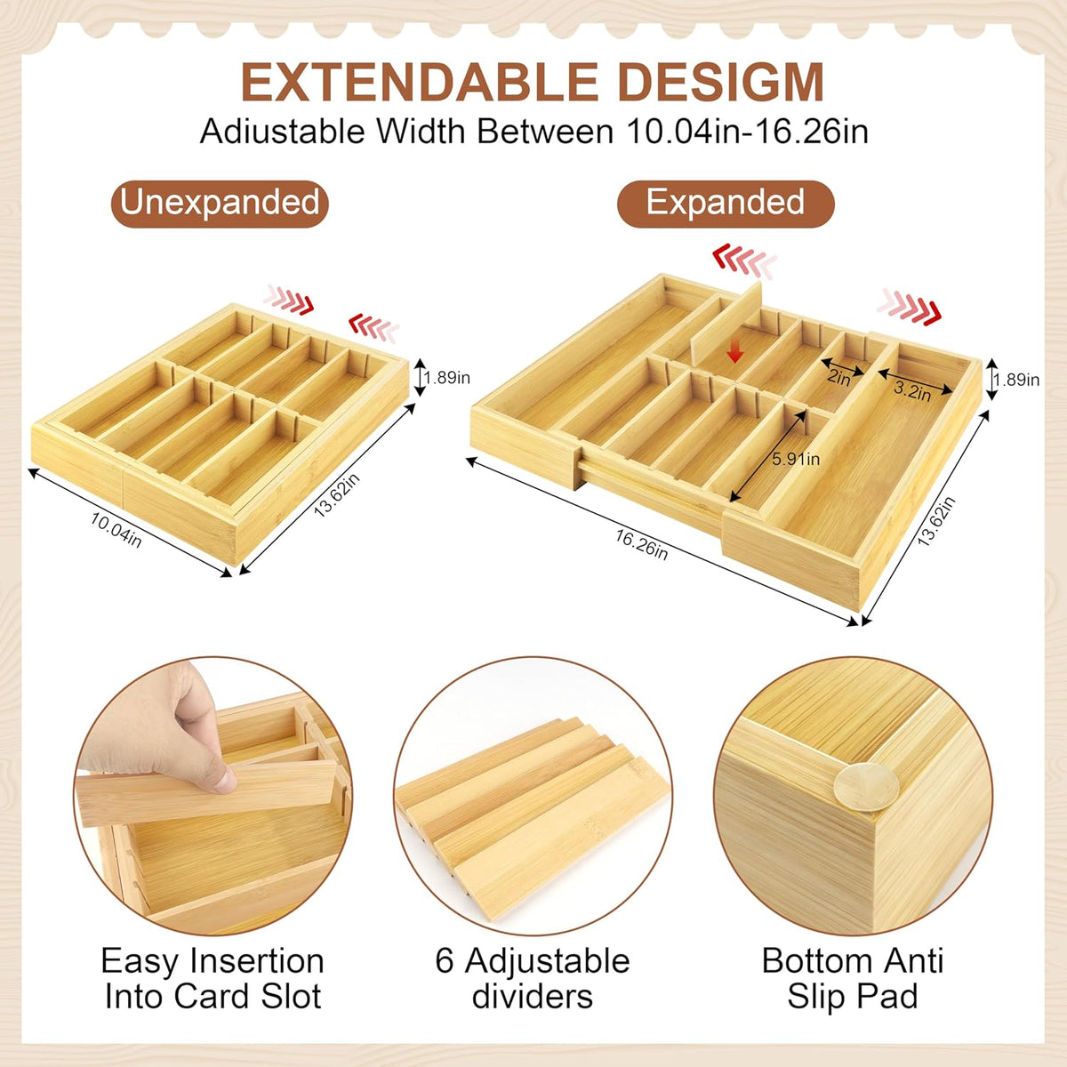 Bamboo Desk Drawer Organizer, Expandable Drawer Organizer Tray