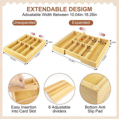 Bamboo Desk Drawer Organizer, Expandable Drawer Organizer Tray