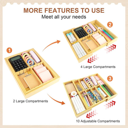 Bamboo Desk Drawer Organizer, Expandable Drawer Organizer Tray