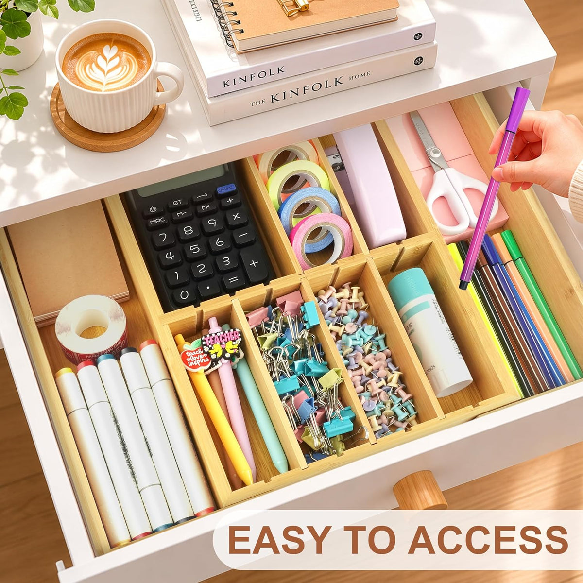Bamboo Desk Drawer Organizer, Expandable Drawer Organizer Tray
