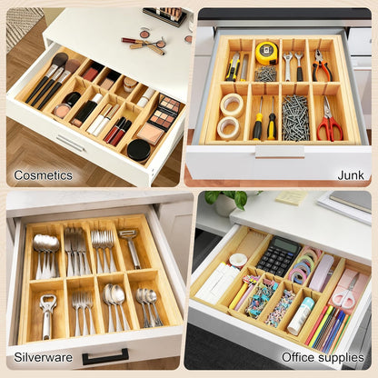 Bamboo Desk Drawer Organizer, Expandable Drawer Organizer Tray