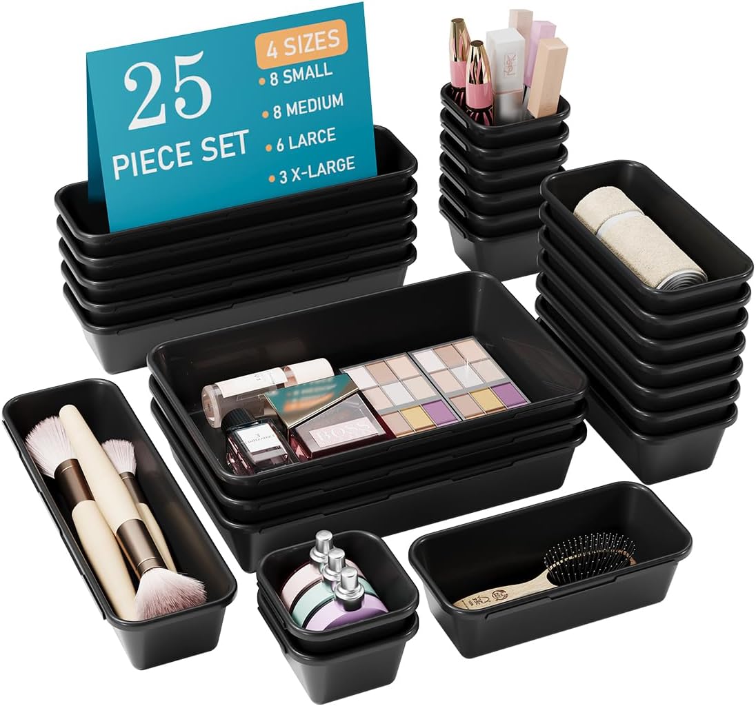 25 PCS Drawer Organizers Set, 4 Size Plastic Storage Bins（Black ）