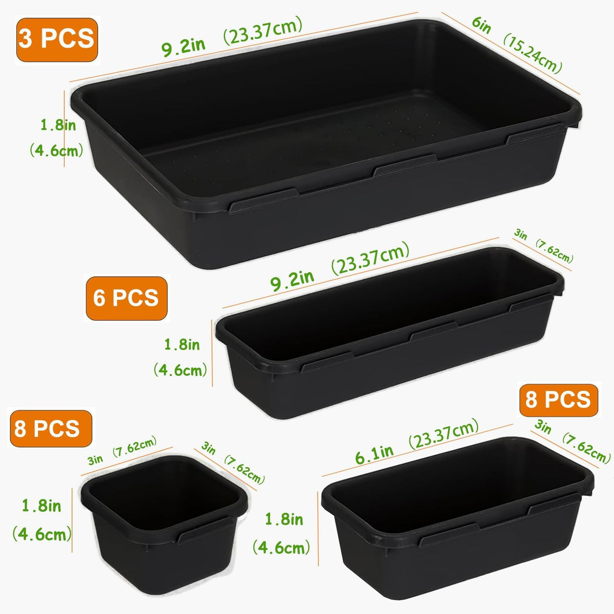 25 PCS Drawer Organizers Set, 4 Size Plastic Storage Bins（Black ）