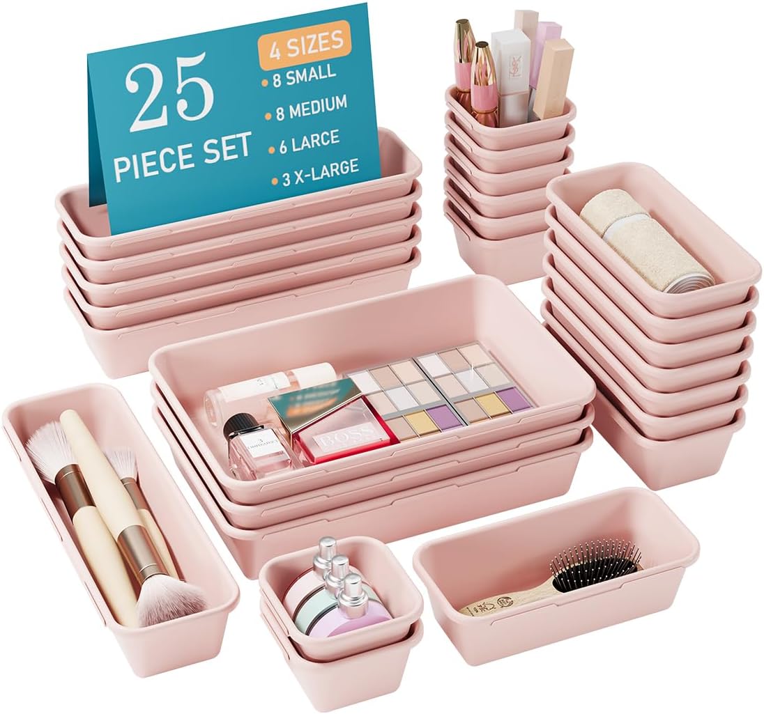 25 PCS Drawer Organizers Set, 4 Size Plastic Storage Bins（Black ）