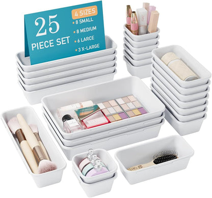 25 PCS Drawer Organizers Set, 4 Size Plastic Storage Bins（Black ）