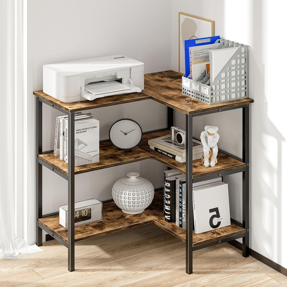Corner Cabinet Table with 3 Tier Open Shelf, Multipurpose Display Organizer Storage Stand for Small Space Home Office Kitchen, Brown