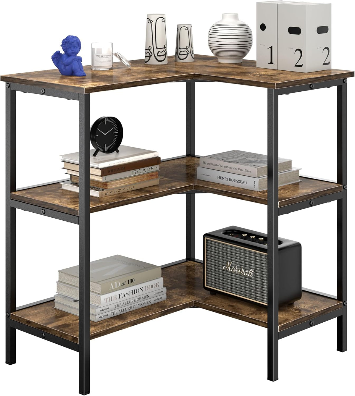 Corner Cabinet Table with 3 Tier Open Shelf, Multipurpose Display Organizer Storage Stand for Small Space Home Office Kitchen, Brown