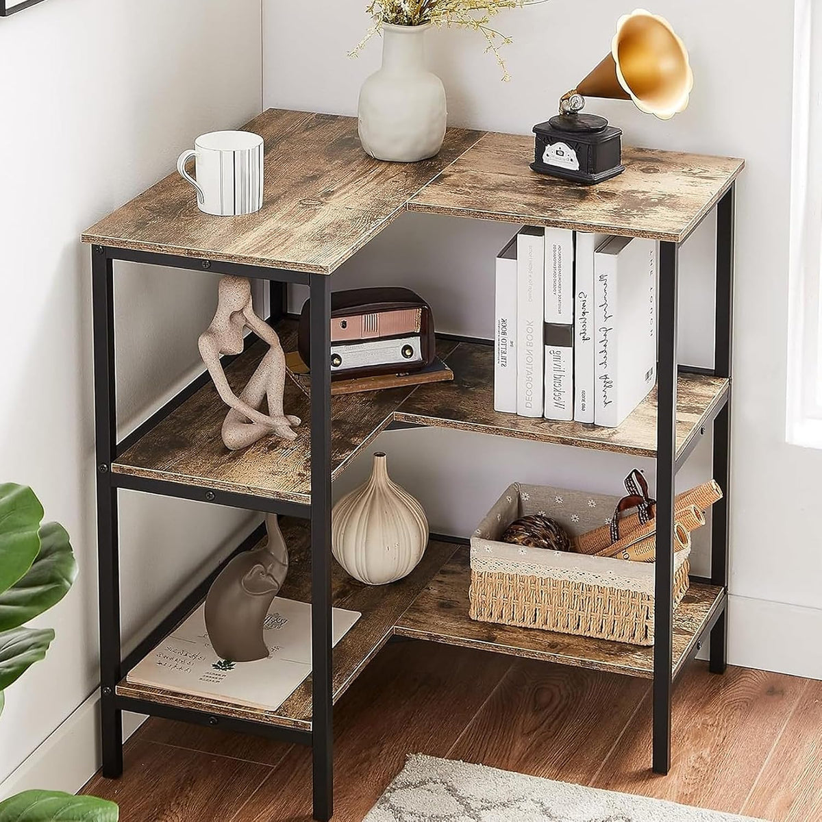 Corner Cabinet Table with 3 Tier Open Shelf, Multipurpose Display Organizer Storage Stand for Small Space Home Office Kitchen, Brown